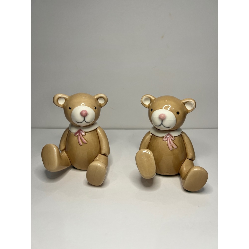Vintage Omnibus OCI Taiwan Ceramic Teddy Bear Bookends Tan Pink Bow Decor